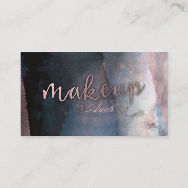 Modern Watercolor Blue & Rose Gold Pink Makeup Business Card (Front)