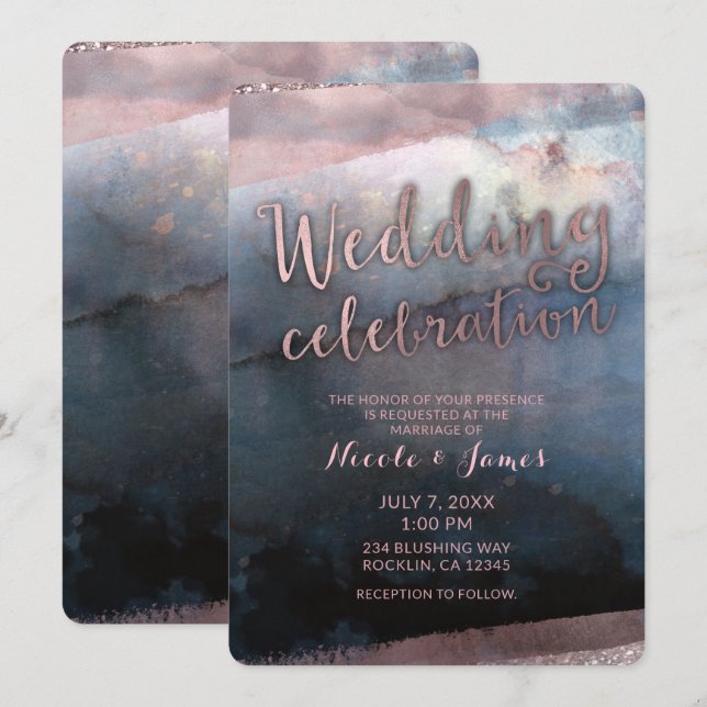 Modern Watercolor Blue & Rose Gold Pink Wedding Invitation (Front/Back)