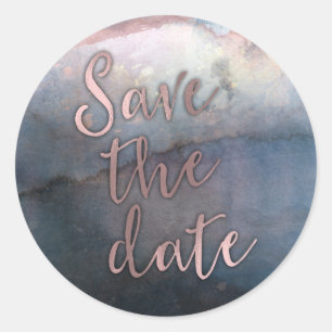 Modern Watercolor Blue & Rose Gold Save the Date Classic Round Sticker