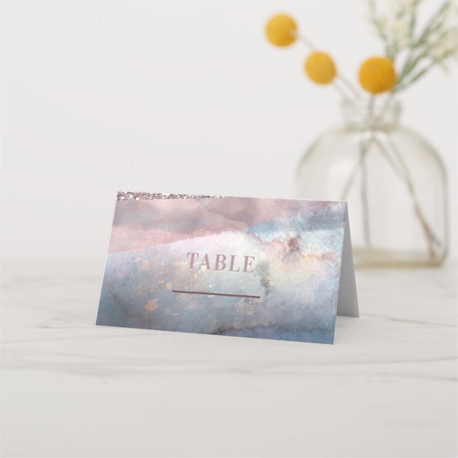 Modern Watercolor Blue & Rose Gold Table Seating Place Card (Front)