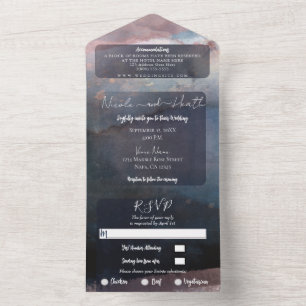 Modern Watercolor Blue Rose Gold Wedding Photo All In One Invitation