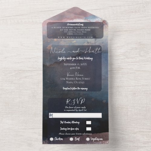 Modern Watercolor Blue Rose Gold Wedding Photo  All In One Invitation