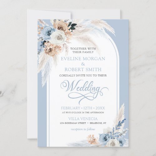 Modern watercolor blue roses pampas tropical arch invitation