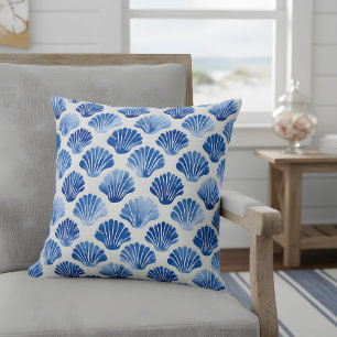 Modern Watercolor Blue Seashells Costal Decor Throw Pillow