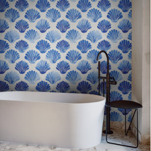 Modern Watercolor Blue Seashells Costal Decor Wallpaper