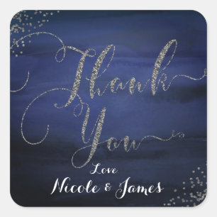 Modern Watercolor Blue Silver Confetti Thank You Square Sticker