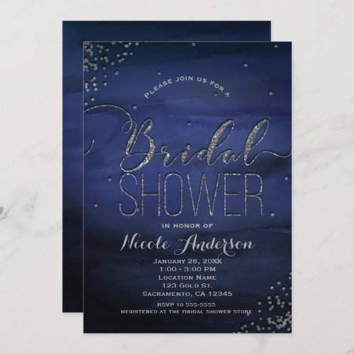 Modern Watercolor Blue Silver Glam BRIDAL SHOWER Invitation