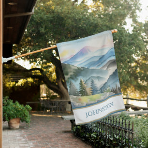 Modern Watercolor Blue Smoky Mountain Wilderness House Flag