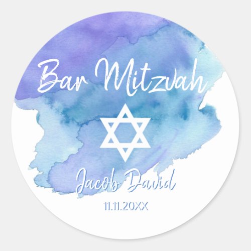 Modern Watercolor Blue Star Bat Bar Mitzvah Classic Round Sticker