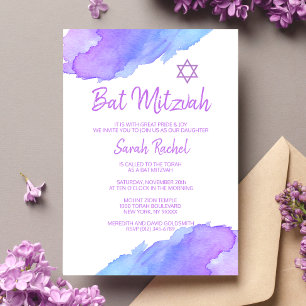 Modern Watercolor Blue Star David Bat Mitzvah #LC Invitation