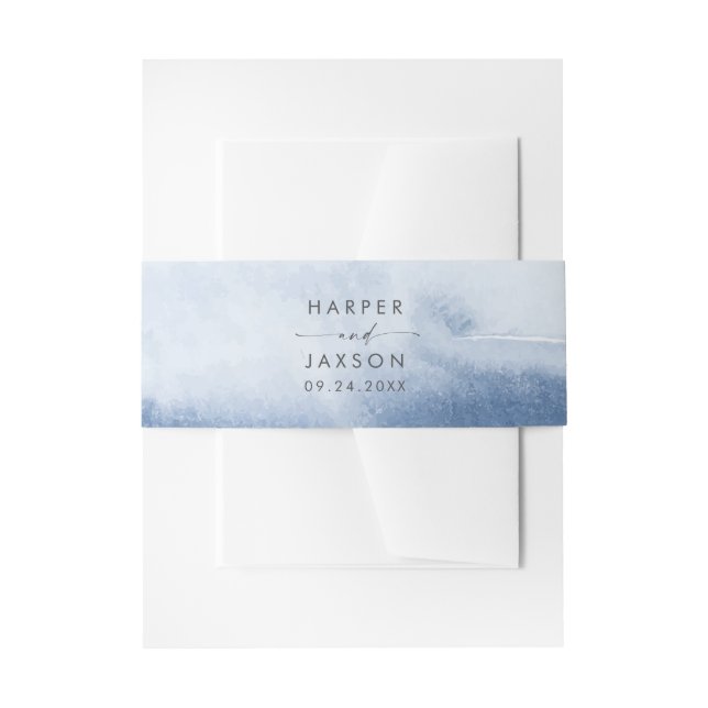 Modern Watercolor | Blue Styled Names Wedding Invitation Belly Band (Front Example)
