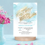 Modern Watercolor Blue Sweet 16 Sixteen 3.5x5" Invitation<br><div class="desc">*** CARDS are 3.5"x5" click "SIZE" for LARGER sizes *** Send these modern yet elegant sweet 16 sixteen invitations to your guests. Light pastel blue watercolor on white background. Faux gold brush stroke with 16 in faux glitter ! Editable cards - personalize them by adding your text. Perfect for girl...</div>