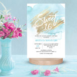 Modern Watercolor Blue Sweet 16 Sixteen 3.5x5" Invitation<br><div class="desc">*** CARDS are 3.5"x5" click "SIZE" for LARGER sizes *** Send these modern yet elegant sweet 16 sixteen invitations to your guests. Light pastel blue watercolor on white background. Faux gold brush stroke with 16 in faux glitter ! Editable cards - personalize them by adding your text. Perfect for girl...</div>