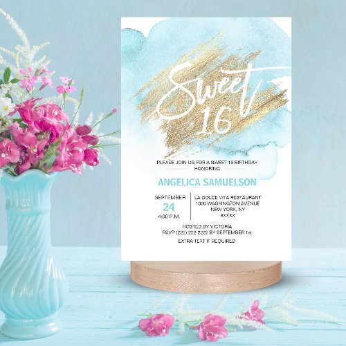 Modern Watercolor Blue Sweet 16 Sixteen 35x5 Invitation