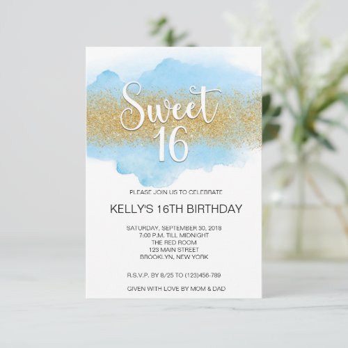 Modern Watercolor Blue Sweet 16 Sixteen