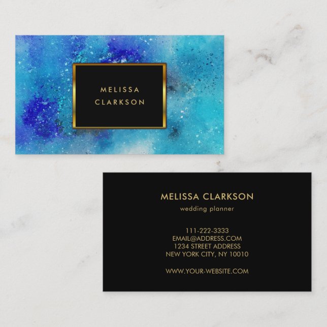 Modern watercolor blue teal splatter gold frame business card (Front/Back)