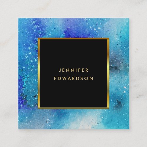 Modern watercolor blue teal splatter gold frame square business card