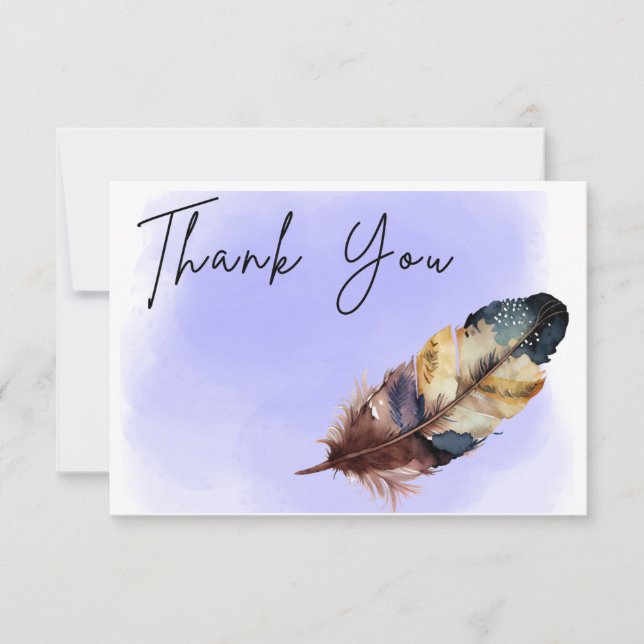 Modern Watercolor | Blue Thank You Card, feather (Front)
