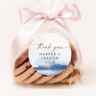 Modern Watercolor   Blue Thank You Wedding Favor Classic Round Sticker