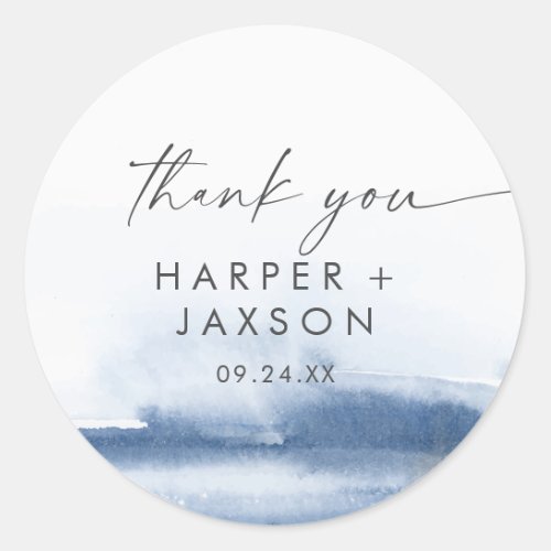 Modern Watercolor  Blue Thank You Wedding Favor Classic Round Sticker