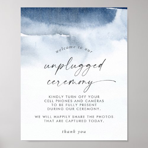 Modern Watercolor  Blue Unplugged Ceremony Sign