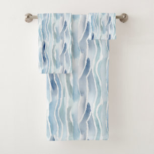 Modern Watercolor Blue Wave Stripe Pattern Bath Towel Set