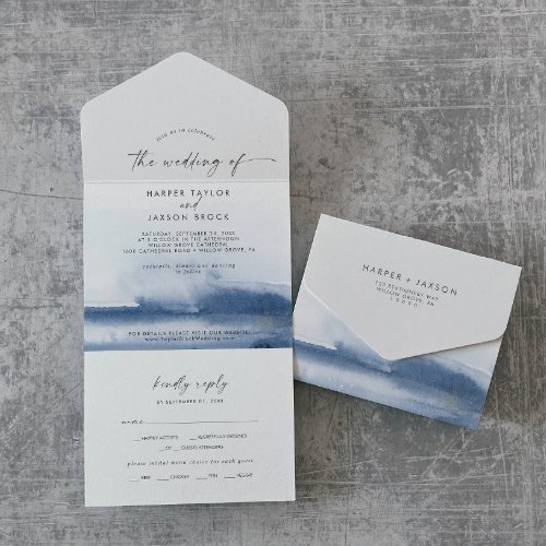 Modern Watercolor  Blue Wedding All In One Invitation