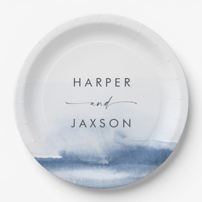 Modern Watercolor | Blue Wedding Cake Paper Plate (Front)