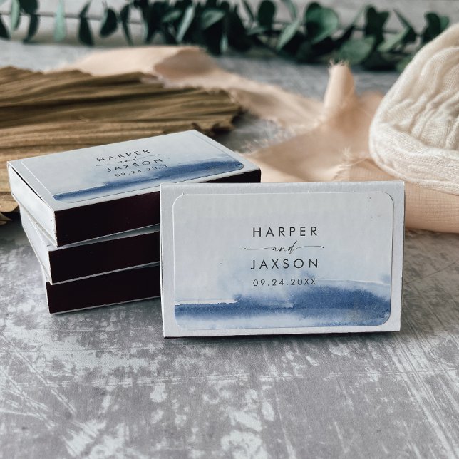 Modern Watercolor | Blue Wedding Favor Matchboxes (Creator Uploaded)