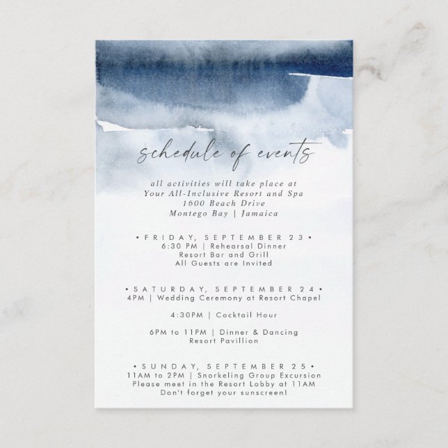 Modern Watercolor Blue Wedding Schedule of Events Enclosure Card (Front)