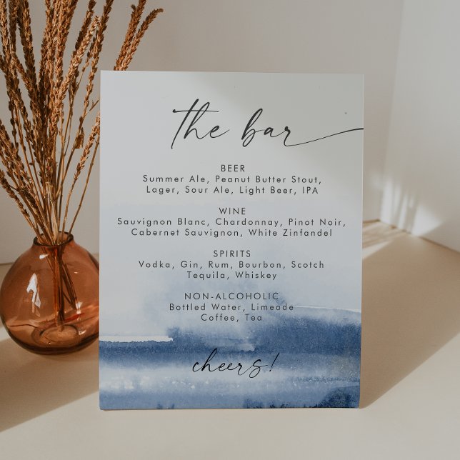 Modern Watercolor Blue Wedding The Bar Menu Pedestal Sign (Creator Uploaded)