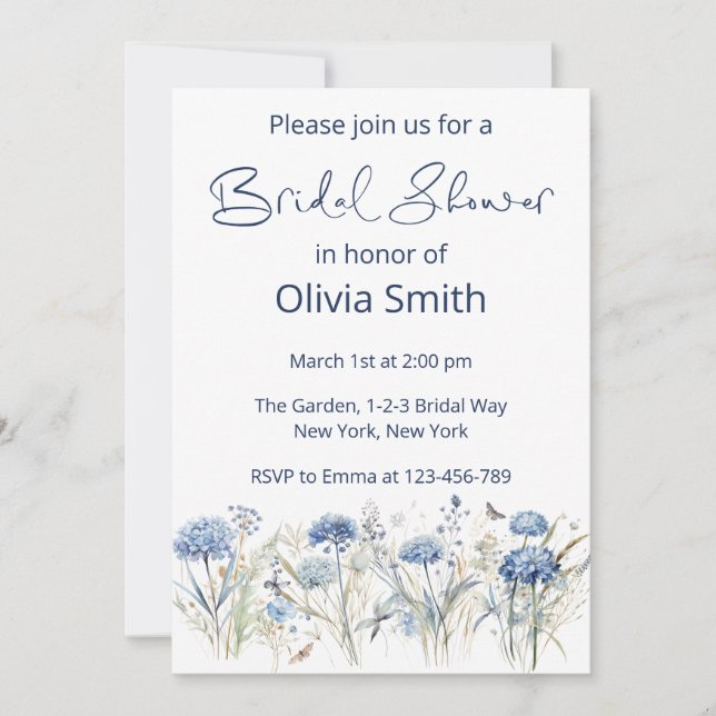 Modern Watercolor Blue Wildflowers Bridal Shower Invitation (Front)