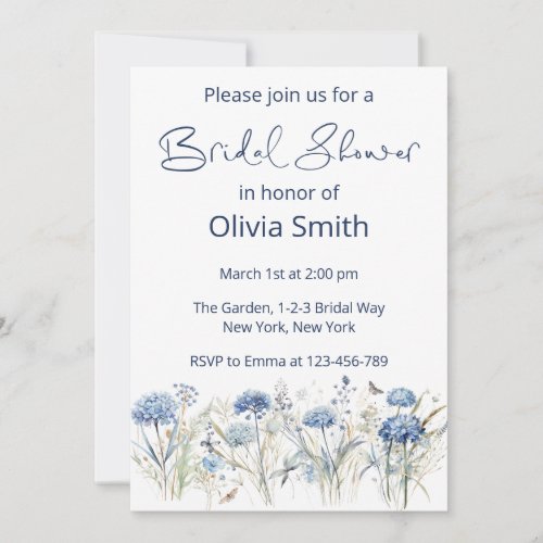 Modern Watercolor Blue Wildflowers Bridal Shower Invitation