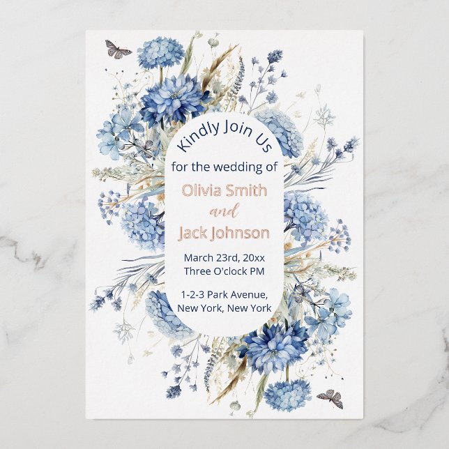 Modern Watercolor Blue Wildflowers Wedding Foil Invitation (Front)