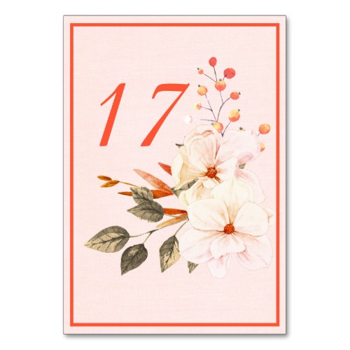 Modern Watercolor Blush Orange Floral Wedding Table Number