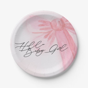 Modern Watercolor Blush Pink Bow Hello Baby Girl Paper Plates