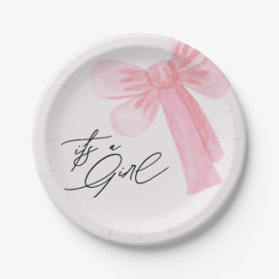 Modern Watercolor Blush Pink Bow Its a Girl  Paper Plates