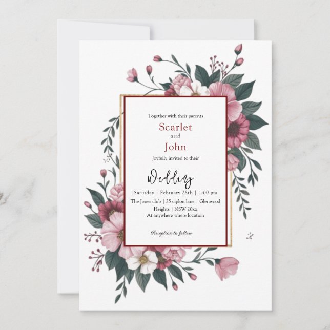 Modern watercolor blush pink burgundy flower invitation (Front)