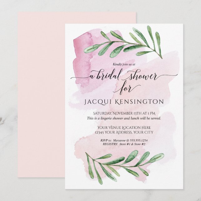 Modern Watercolor Blush Pink Eucalyptus Foliage Invitation (Front/Back)