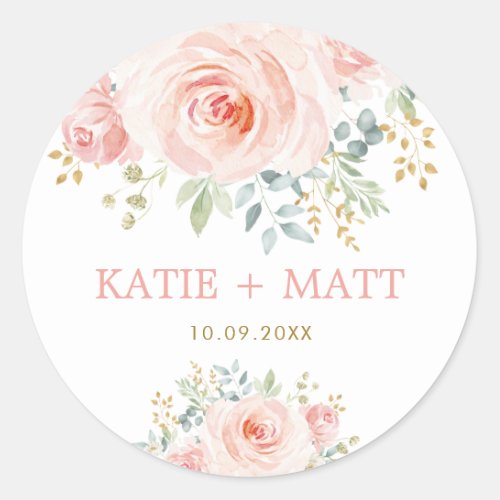 Modern Watercolor Blush Pink Floral Wedding Favors Classic Round Sticker