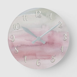 Modern Watercolor Blush Pink Grey Glam Custom Round Clock