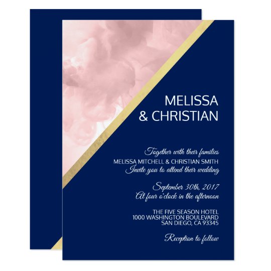 modern watercolor blush pink navy blue wedding invitation zazzle com