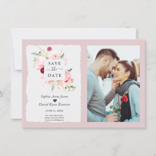 Modern Watercolor Blush Red Flowers Photo Wedding  Save The Date