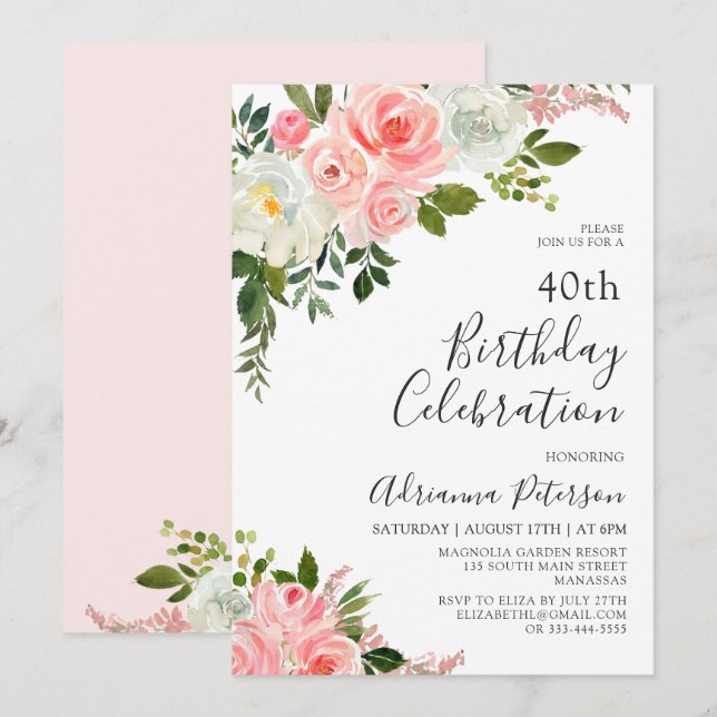 Modern Watercolor Blush Rose Floral 40th Birthday Invitation (Front/Back)
