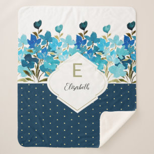 Modern Watercolor Boho Blue Flural Hand-painted Sherpa Blanket