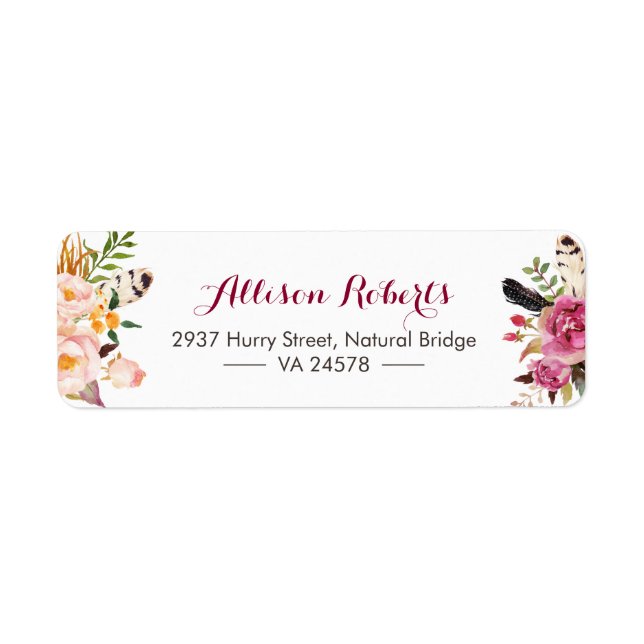 Modern Watercolor Boho Feathers Tribe flowers Label (Front)