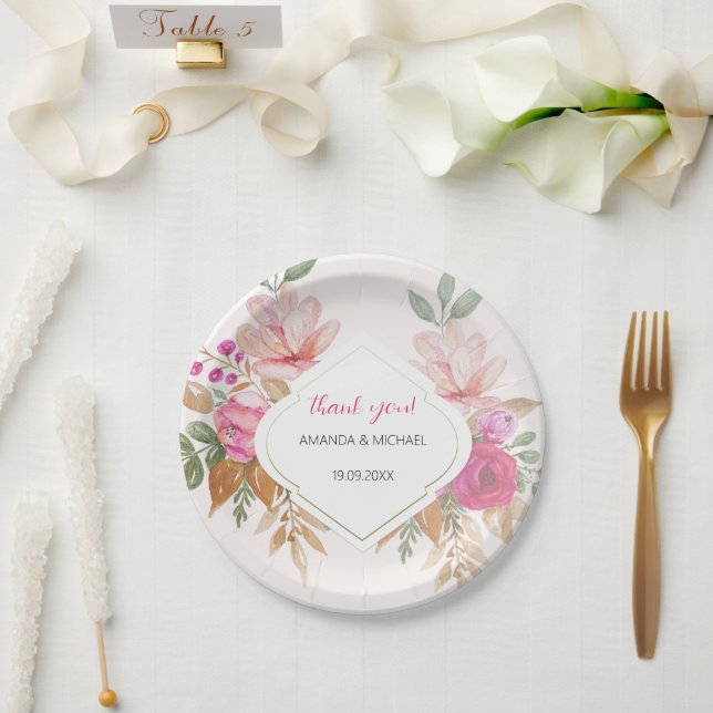 Modern Watercolor Boho Floral Arrangement Paper Plates (Wedding)