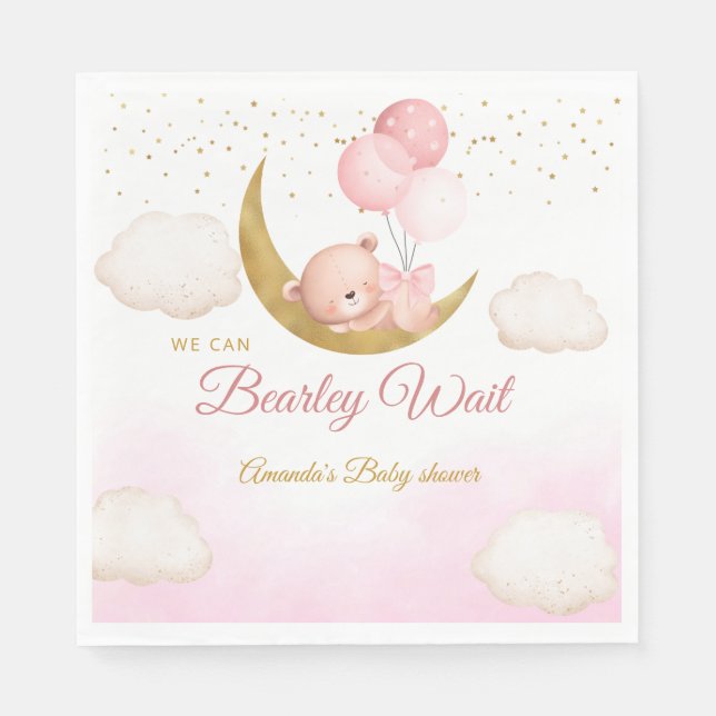 Modern Watercolor Boho pink teddy bear baby shower Napkins (Front)