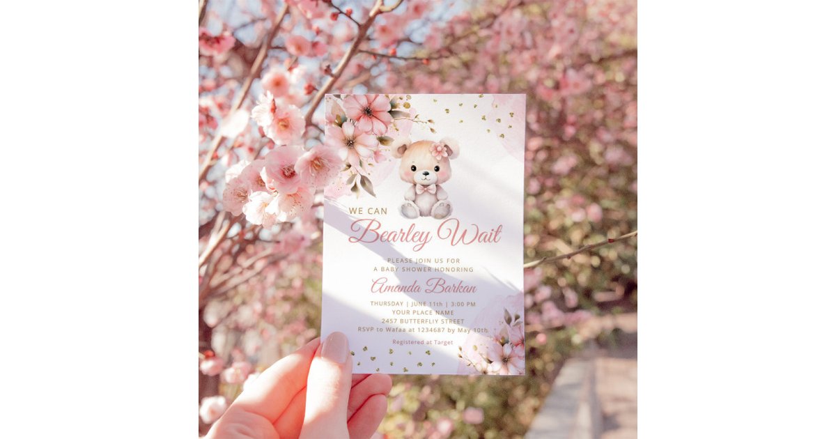 Modern Watercolor Boho Teddy Bear Girl Baby Shower Invitation | Zazzle