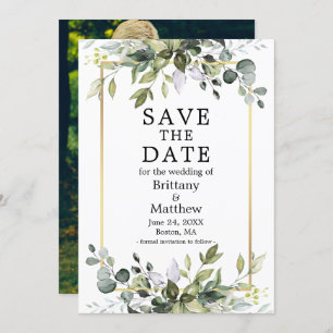 Modern Watercolor Botanical Greenery Photo Gold Save The Date